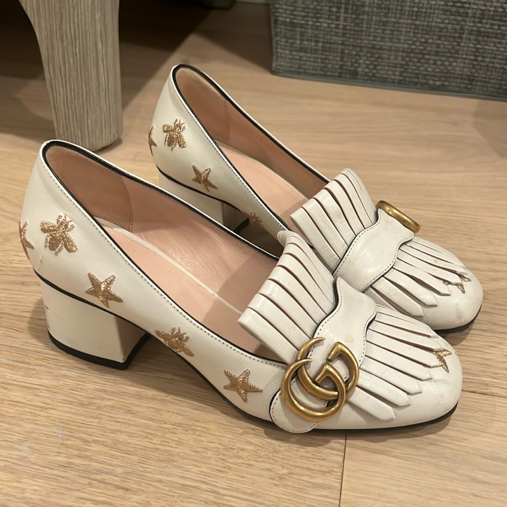 Gucci white leather Marmont mules with low block heel